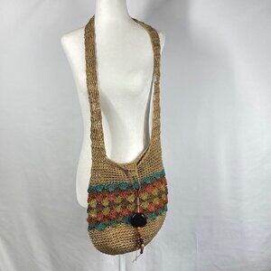 Straw Hobo Bag Multicolor Button Closure